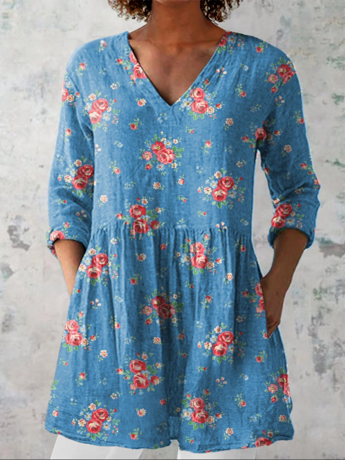 MELANIE | BLUE V-NECK LONGLINE BLOUSE
