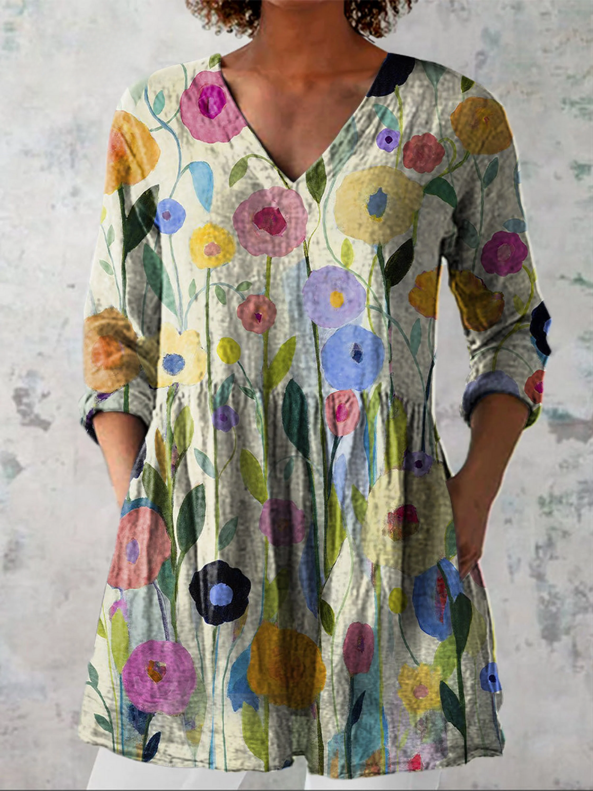 LOUISE | MULTICOLOUR V-NECK LONGLINE BLOUSE