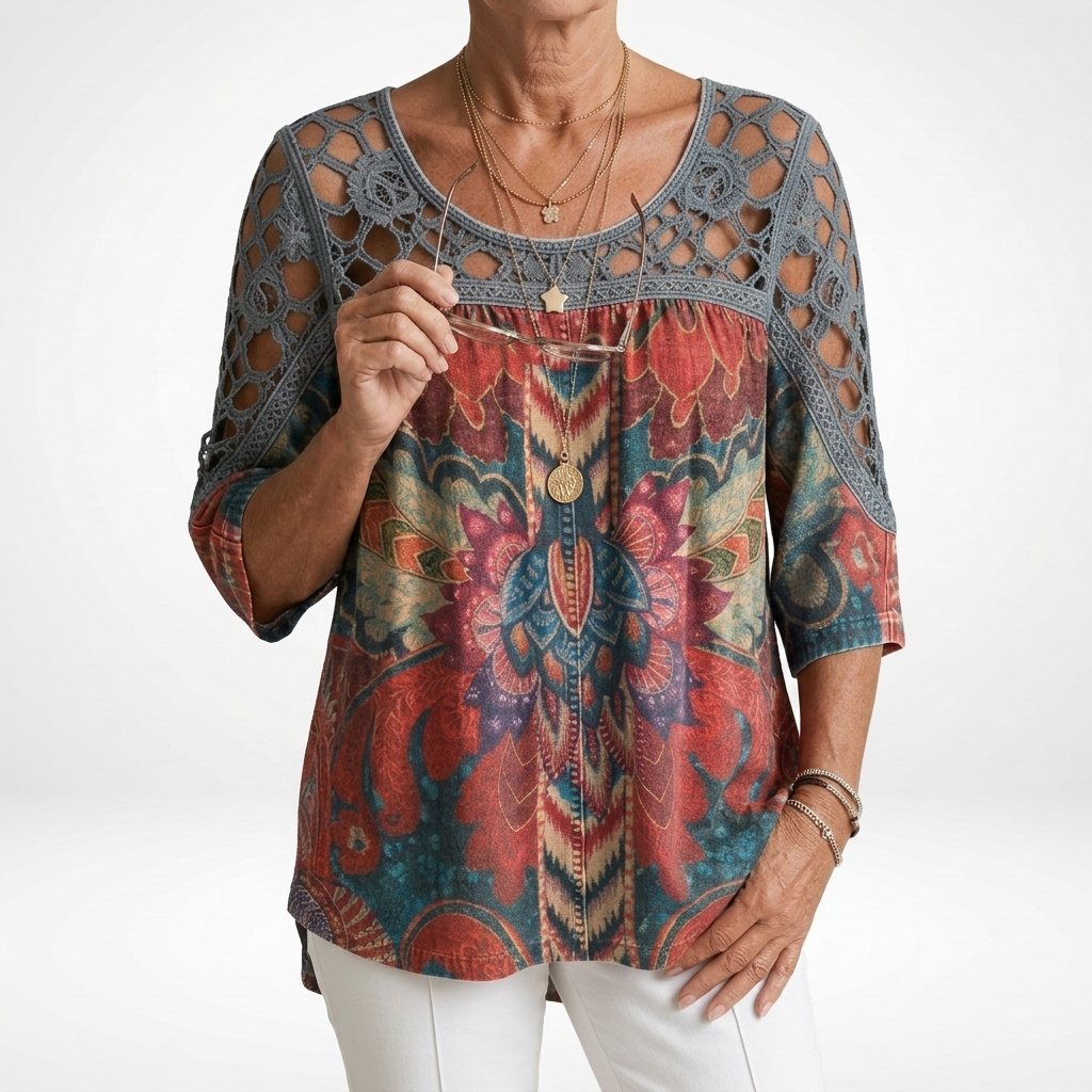 Donnette | Printed Lace-Yoke Blouse