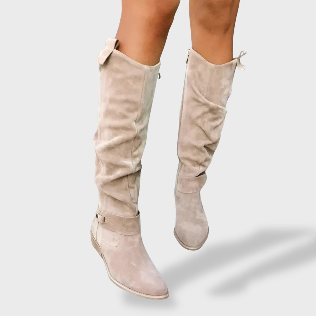 Valeria Beige knee-high boots front view
