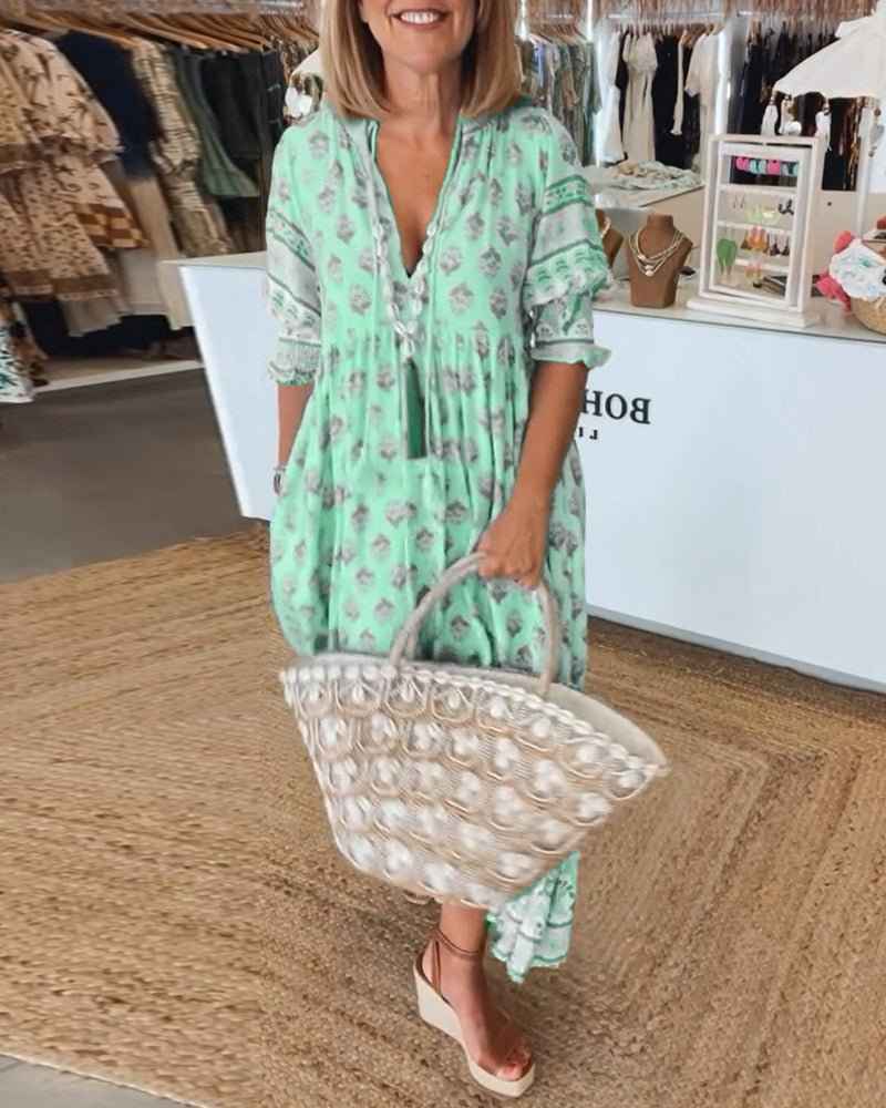 Mana | Midi-Length Chic Florals Dress White V-Neck