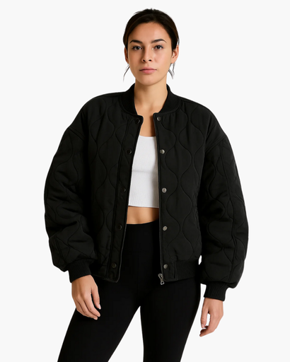 Kaylynn | Round-Neck Button Bomber Jacket