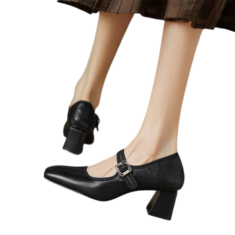 Women's heels with an instep strap, a buckle fastening and a pointed toe