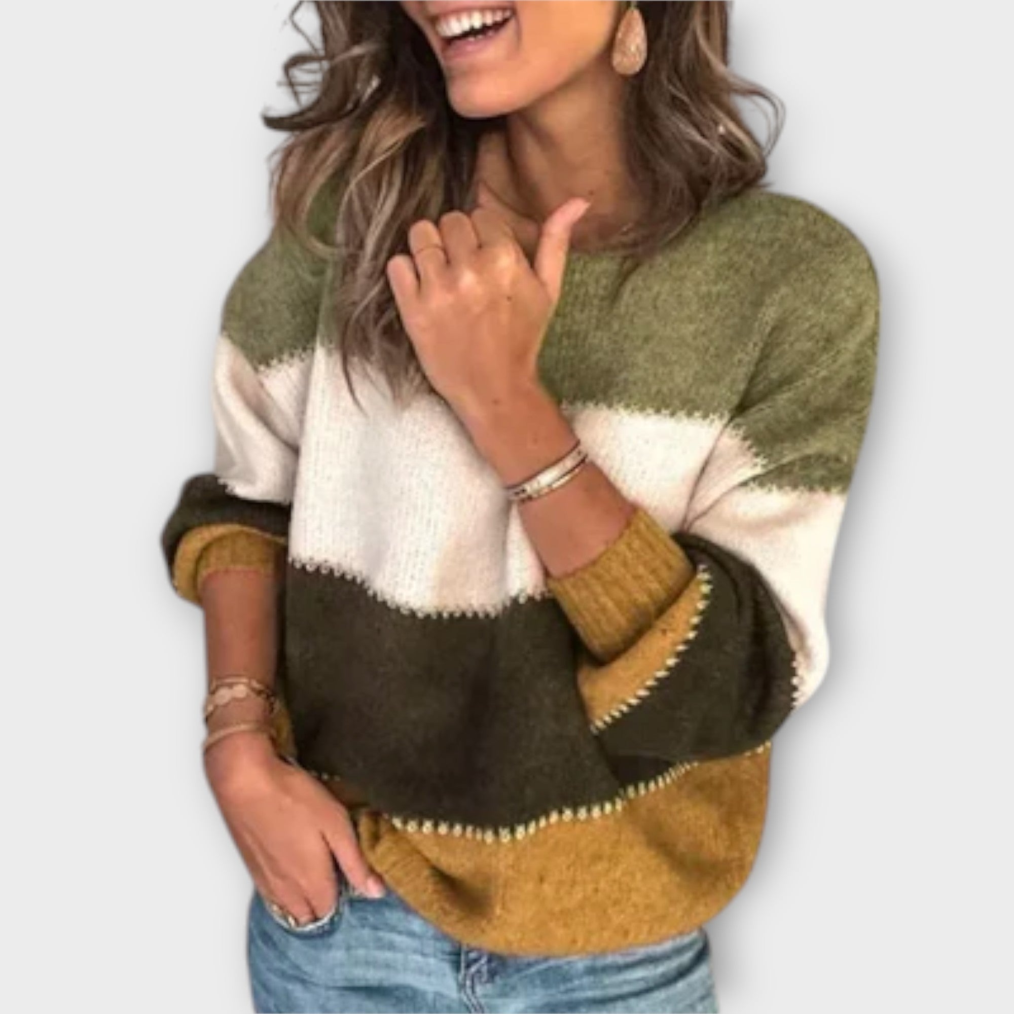 Elisa | Soft Jumper In Olive Cream With Block Colours