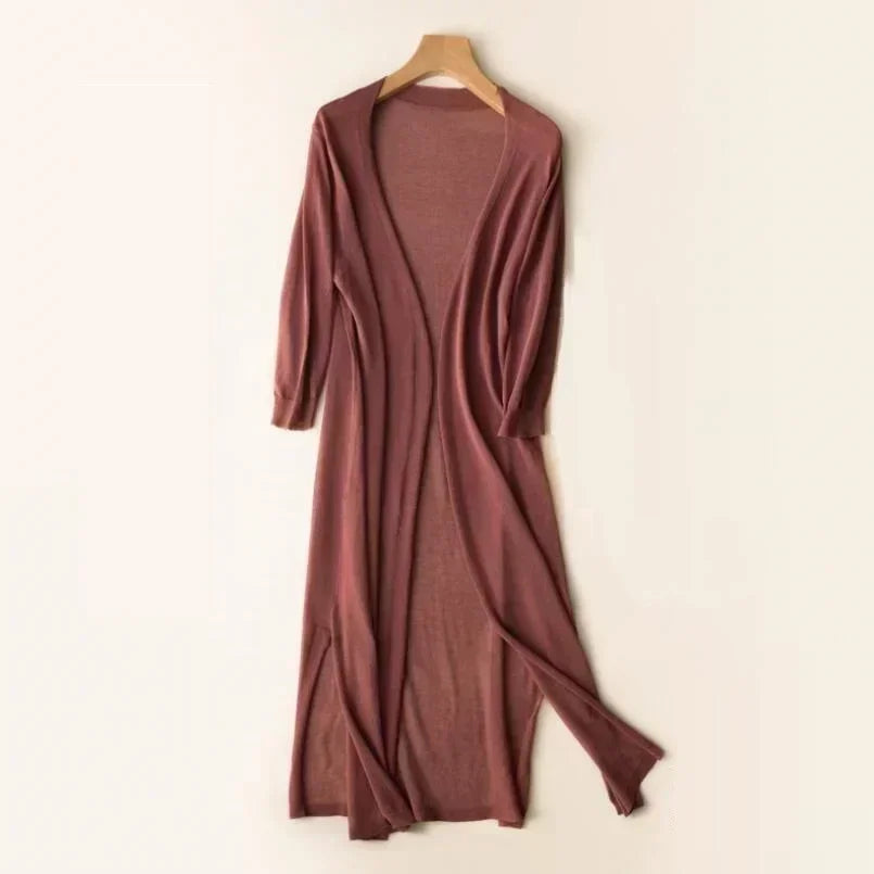 Women's long cardigan with an open front, a longline silhouette and a waist tie