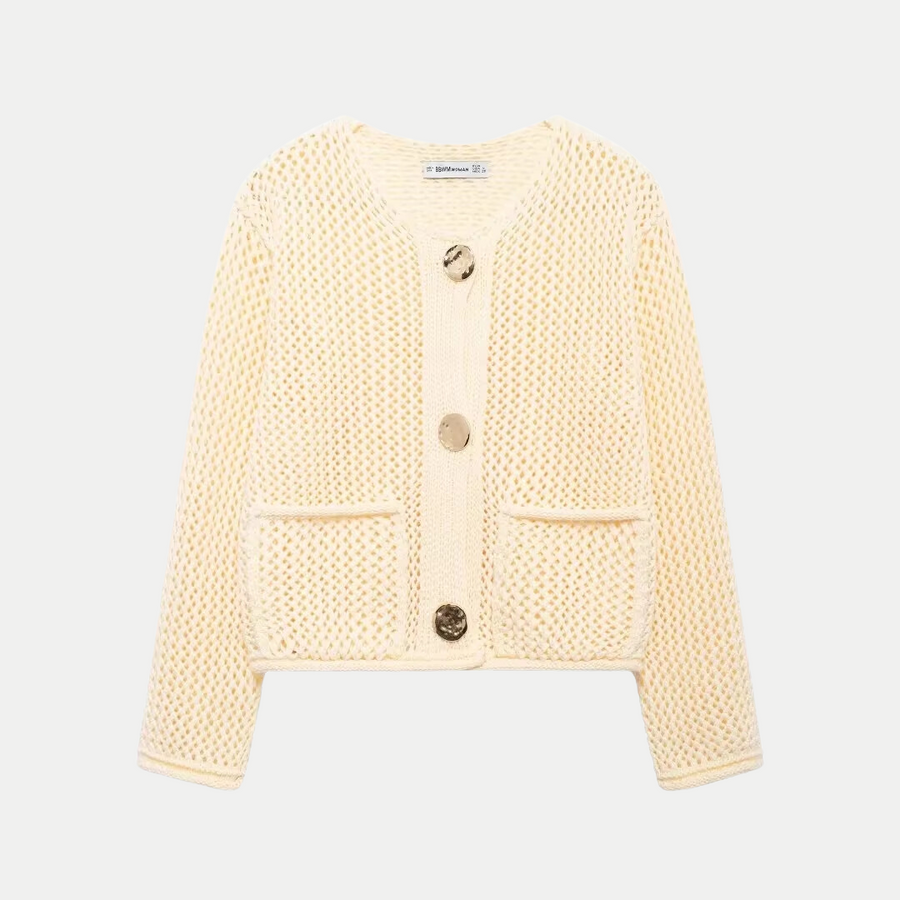 Women's cardigan with a round neckline, a button front and patch pockets