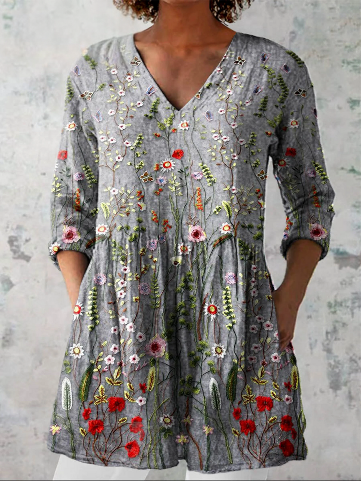 AMELIE | GREY V-NECK LONGLINE BLOUSE
