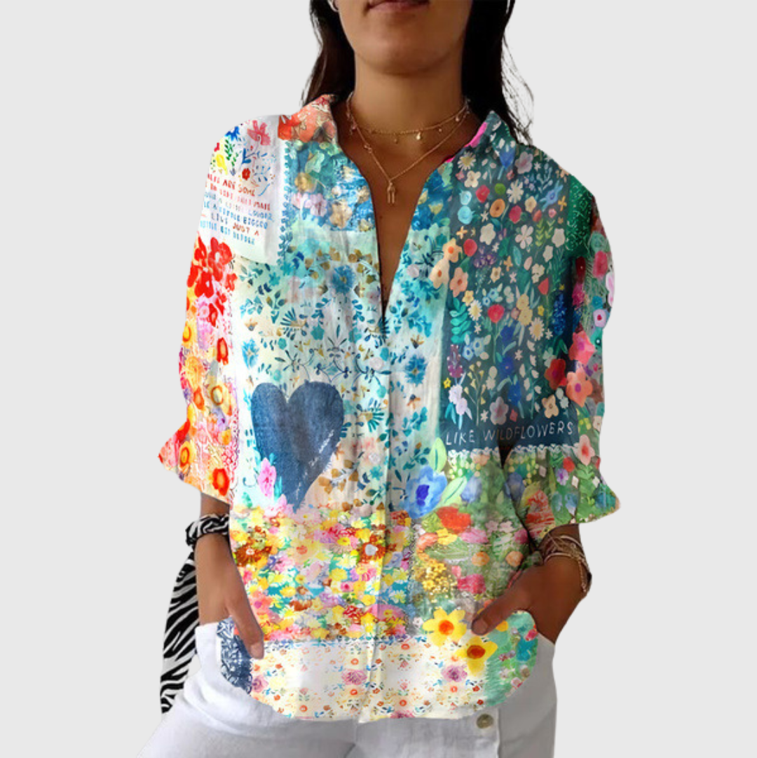FLOWING PRINTED BUTTON-FRONT BLOUSE