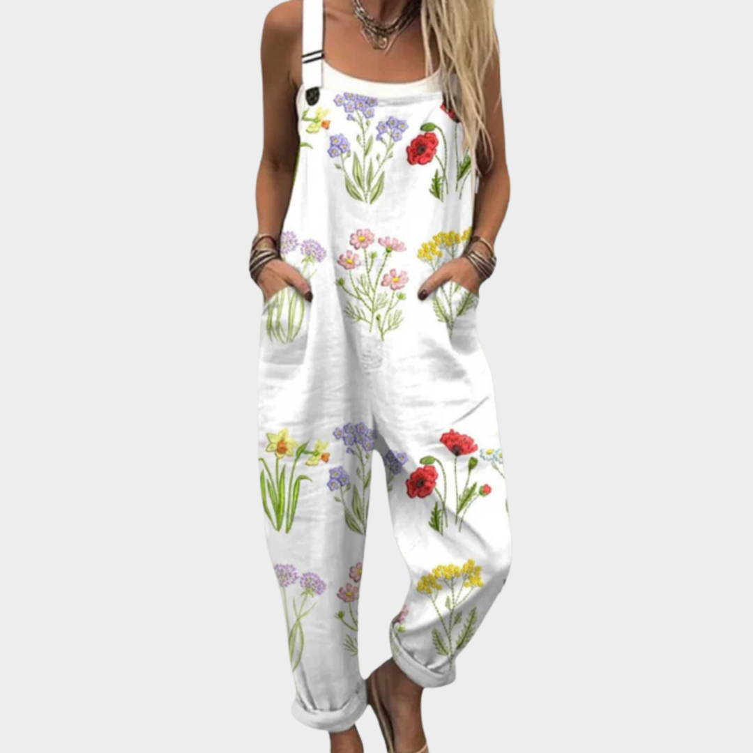 FLOWING PRINTED ADJUSTABLE-STRAP DUNGAREES