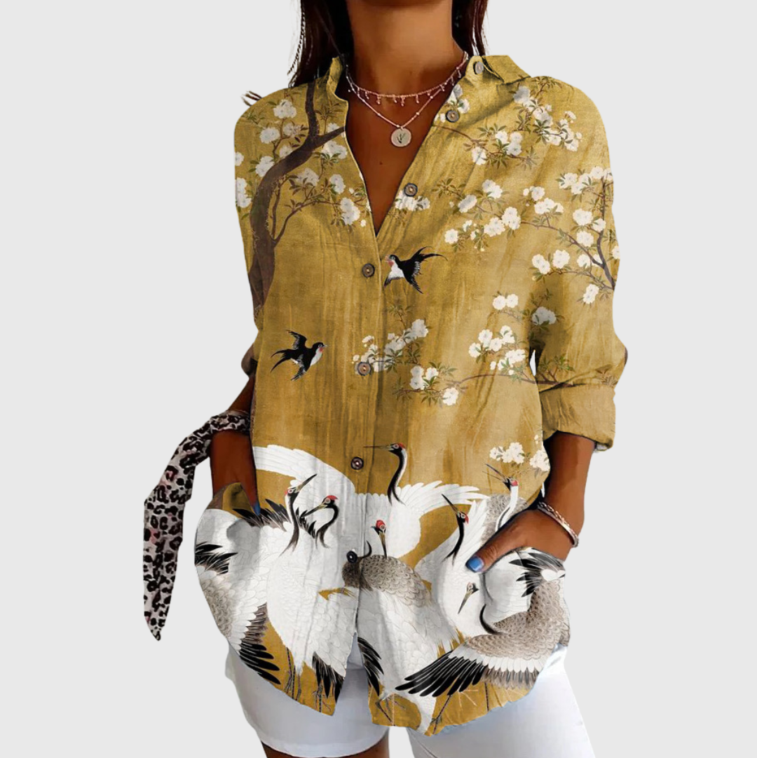 FLOWING FLORAL BUTTON-FRONT BLOUSE
