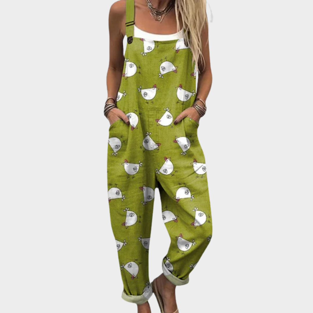 GREEN PRINTED ADJUSTABLE-STRAP DUNGAREES