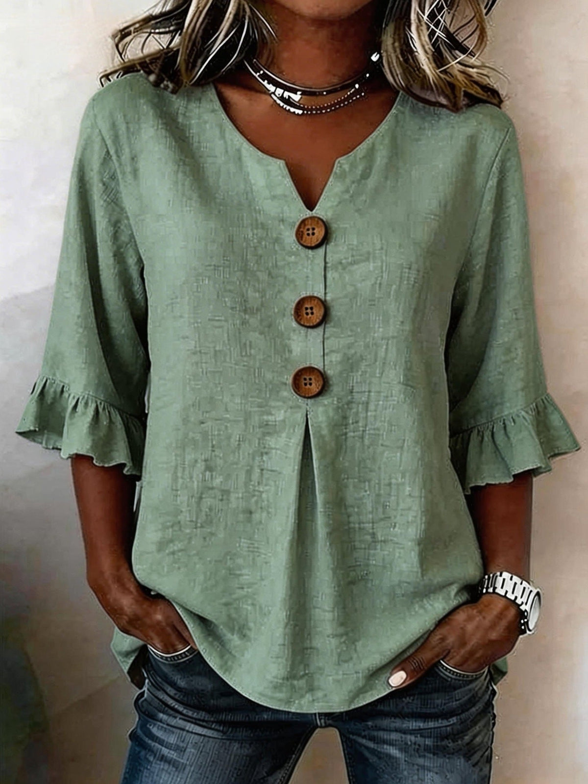 Jolinda | Button-Neck Ruffle-Sleeve Blouse