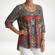 Donnette | Printed Lace-Yoke Blouse