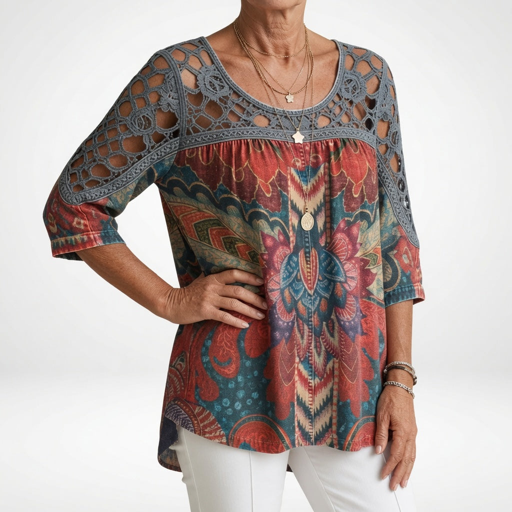 Donnette | Printed Lace-Yoke Blouse