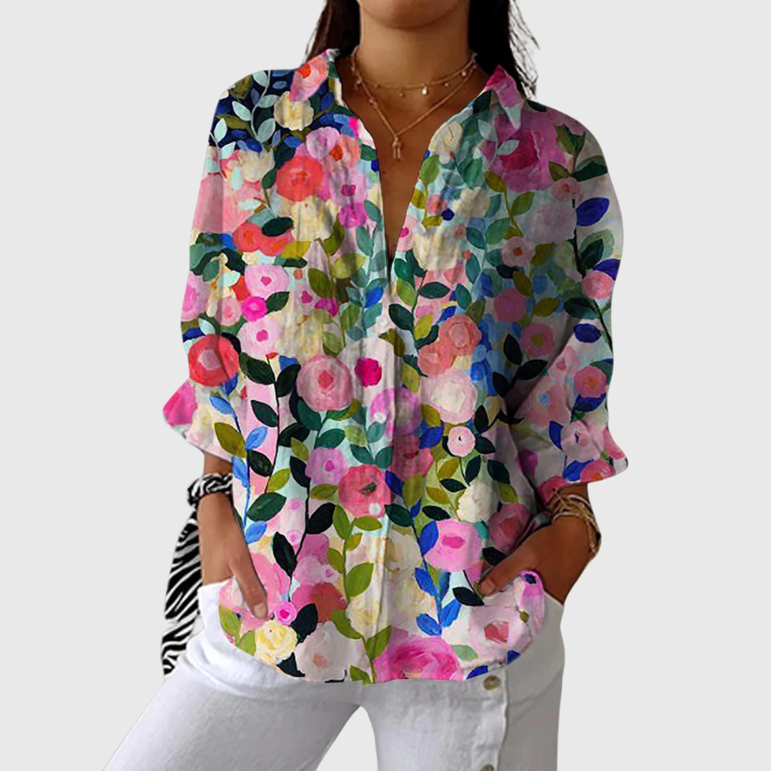 FLOWING PRINTED BUTTON-FRONT BLOUSE