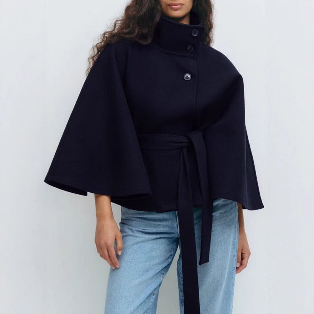 Aderyn | High-Neck Belted Cape Coat in Khaki