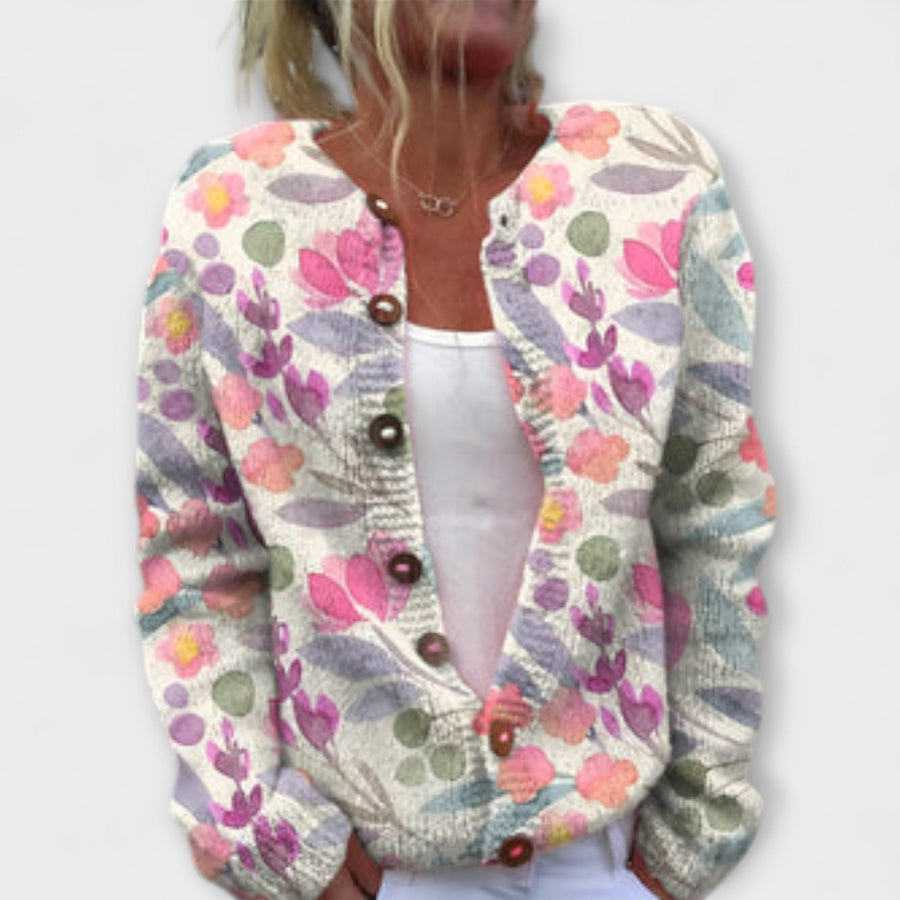 Women's cardigan with a floral pattern, a button front and a round neckline