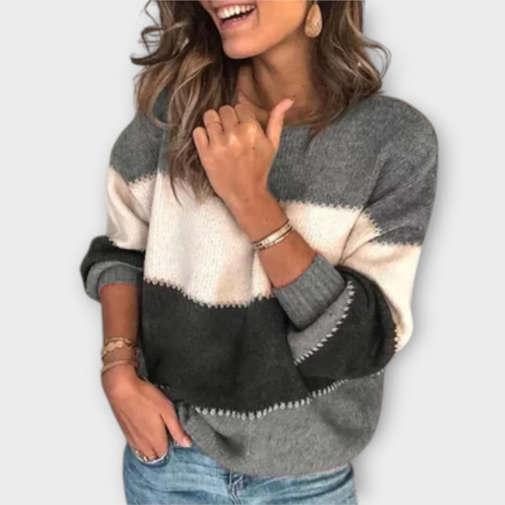 Elisa | Soft Jumper In Olive Cream With Block Colours