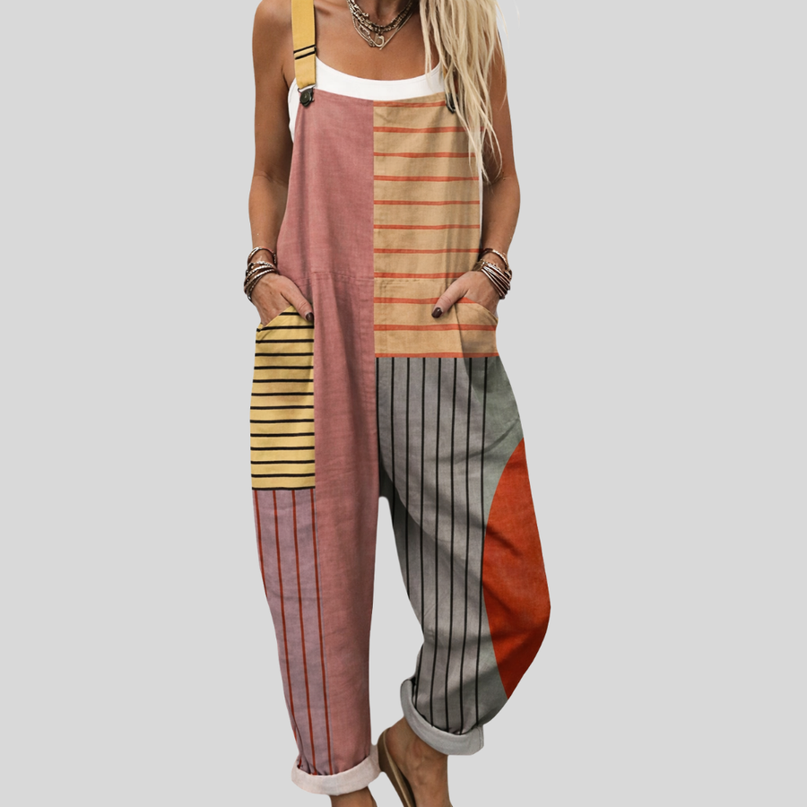 Women's dungarees with a patchwork print, a striped pattern and a bib front