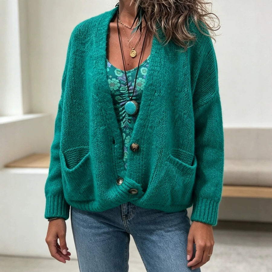 Women's cardigan with a V-shaped neckline, a button front and patch pockets