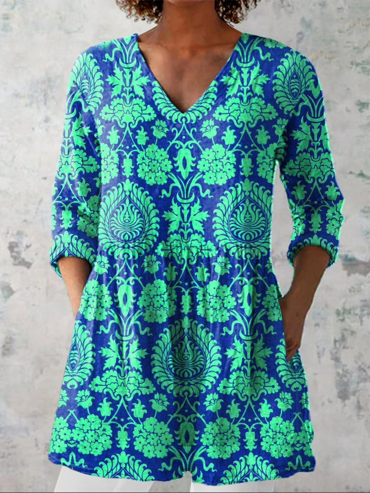 INES | TEAL V-NECK LONGLINE BLOUSE
