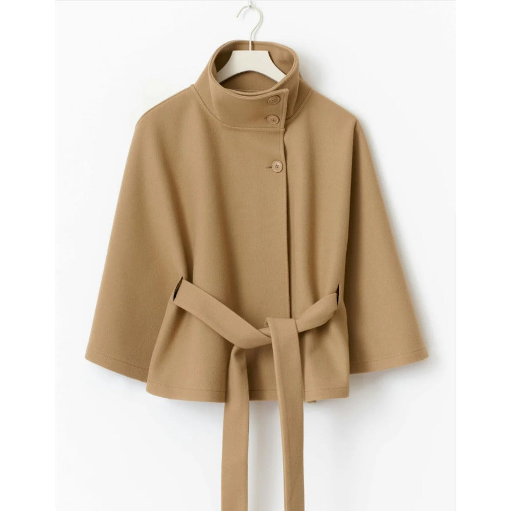 Aderyn | High-Neck Belted Cape Coat in White