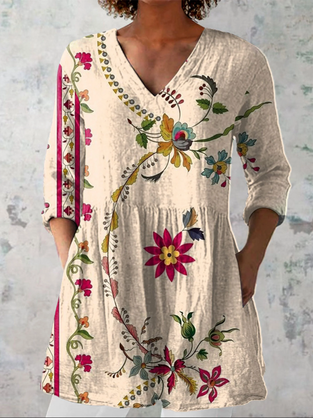 CLARA | BEIGE V-NECK LONGLINE BLOUSE