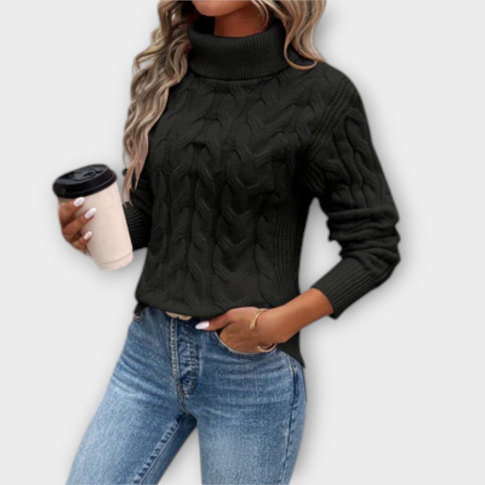 Amelia | Pink Cable-Knit Turtleneck Jumper