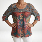 Donnette | Printed Lace-Yoke Blouse