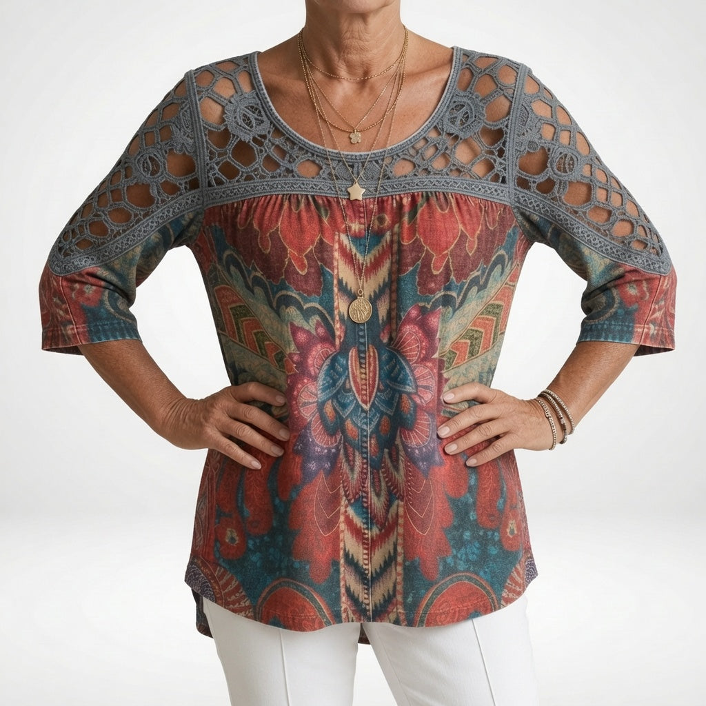 Donnette | Printed Lace-Yoke Blouse