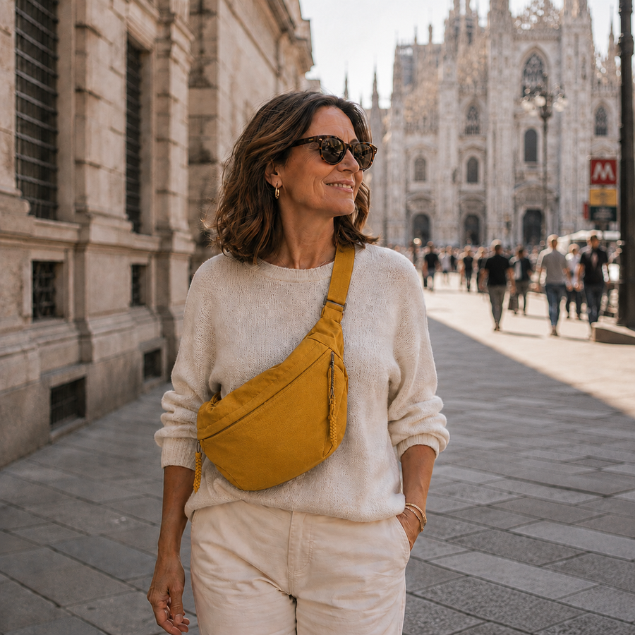 Ochre crescent shoulder bag with zip pockets, bag worn across the body.