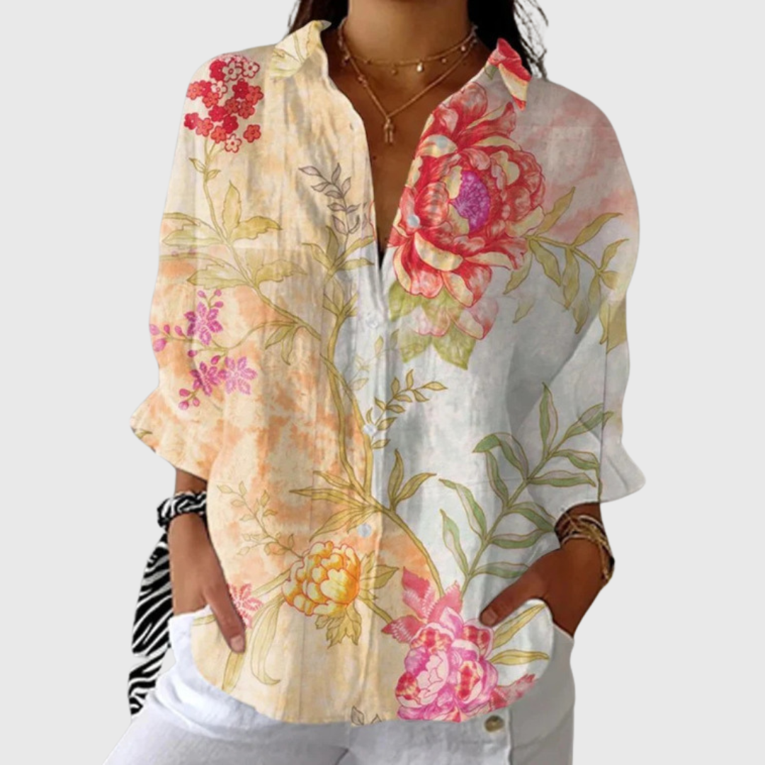 FLOWING PRINTED BUTTON-FRONT BLOUSE