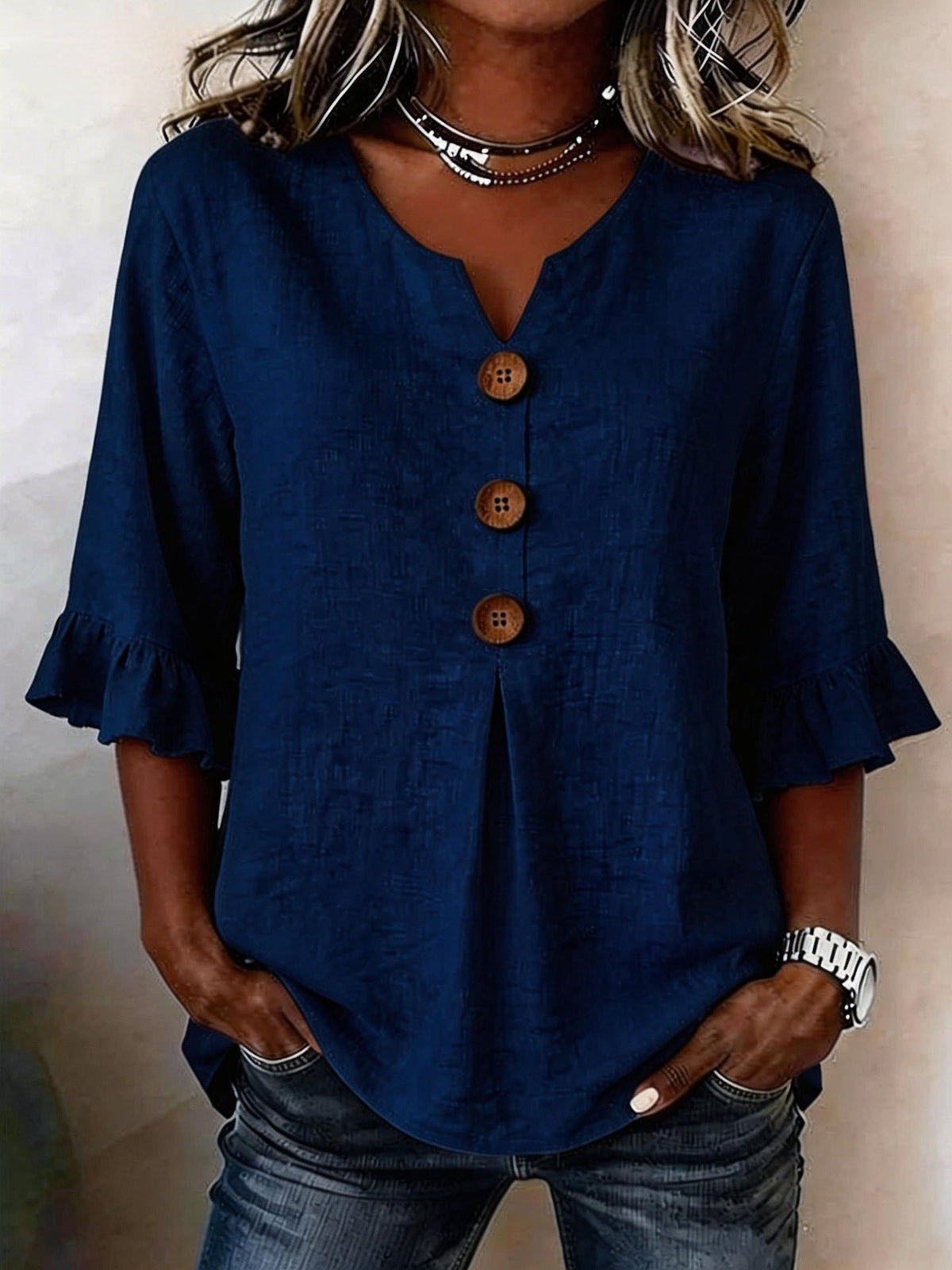 Jolinda | Button-Neck Ruffle-Sleeve Blouse