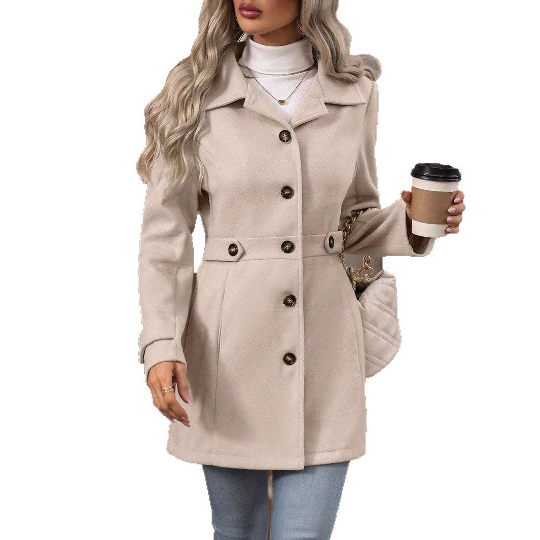 Eleri | Mid-Length Single-Breasted Wool-Blend Coat in Khaki