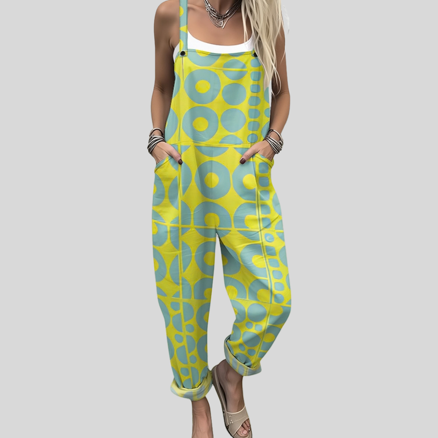 Women's dungarees with a geometric pattern, a bib front and shoulder straps