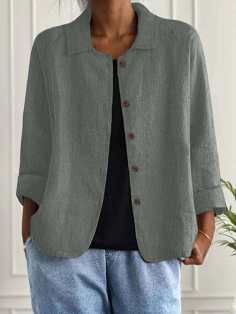 Tesni | Three-Quarter Sleeve Button-Front Shirt Jacket in Light Blue