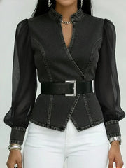 Corinthia | Sheer-Sleeve Denim-Panel Blouse