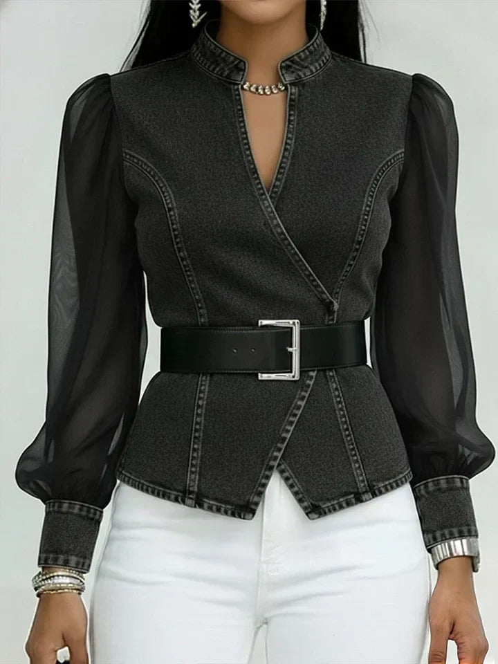Corinthia | Sheer-Sleeve Denim-Panel Blouse