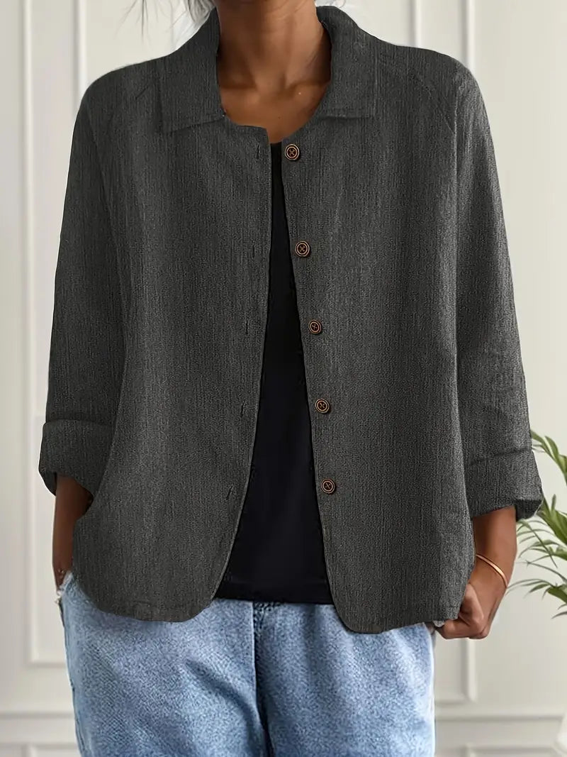 Tesni | Three-Quarter Sleeve Button-Front Shirt Jacket in Khaki
