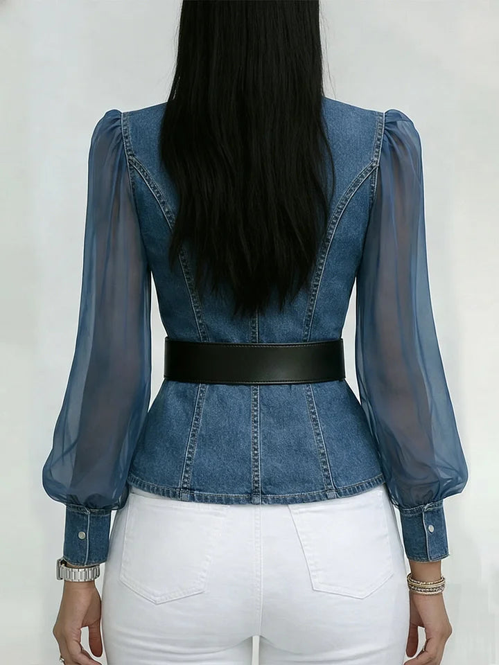 Corinthia | Sheer-Sleeve Denim-Panel Blouse