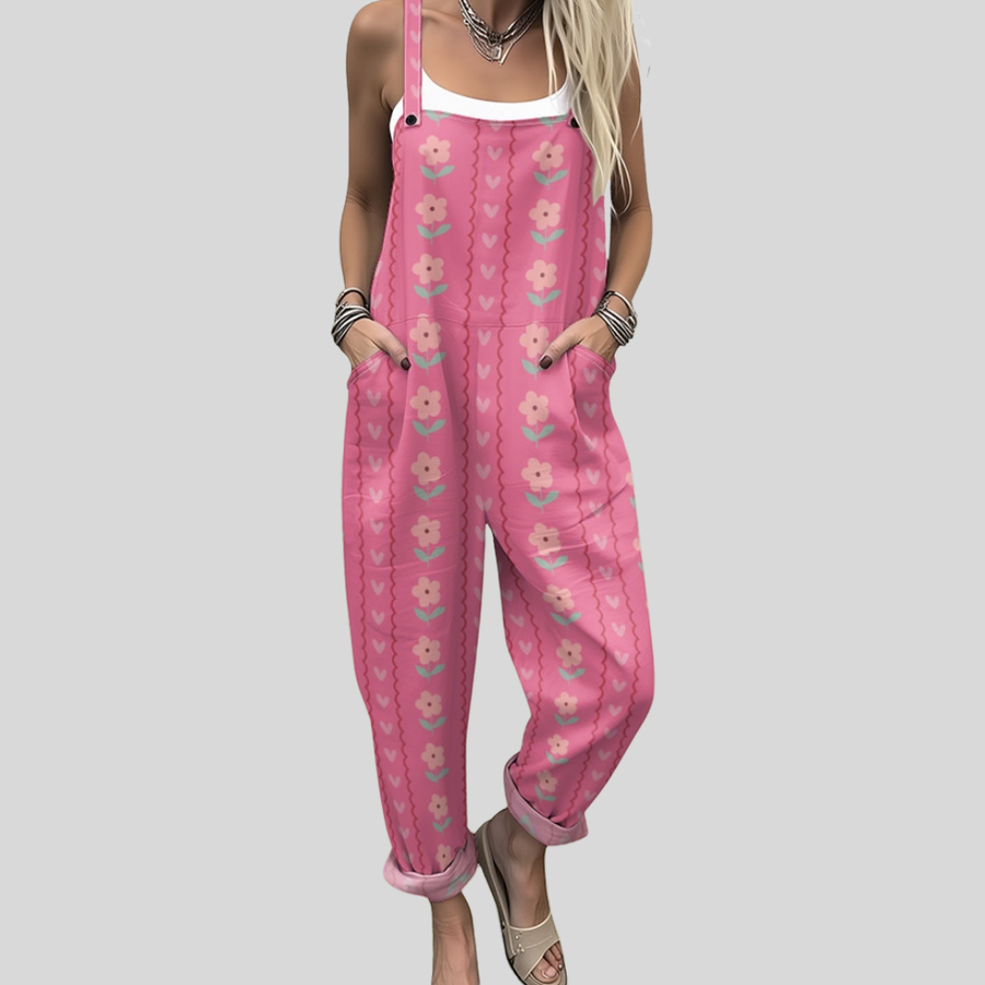 Women's dungarees with a floral pattern, a bib front and shoulder straps