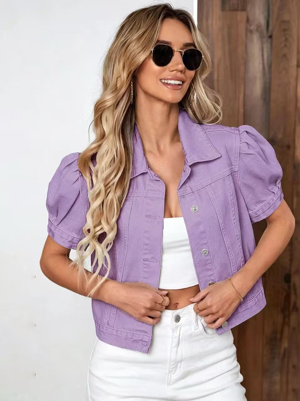 Olatz | Puff-Sleeve Retro Denim Jacket in Deep Khaki