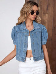 Olatz | Puff-Sleeve Retro Denim Jacket in Dark Blue