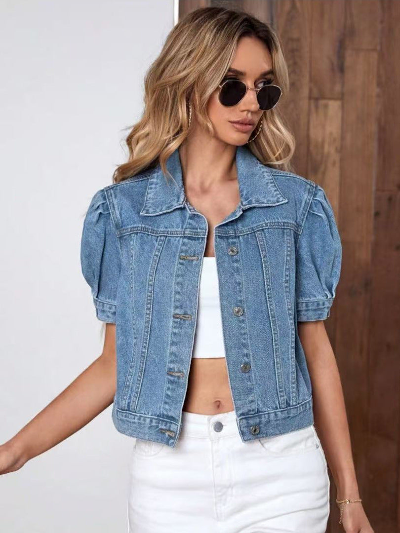 Olatz | Puff-Sleeve Retro Denim Jacket in Dark Blue