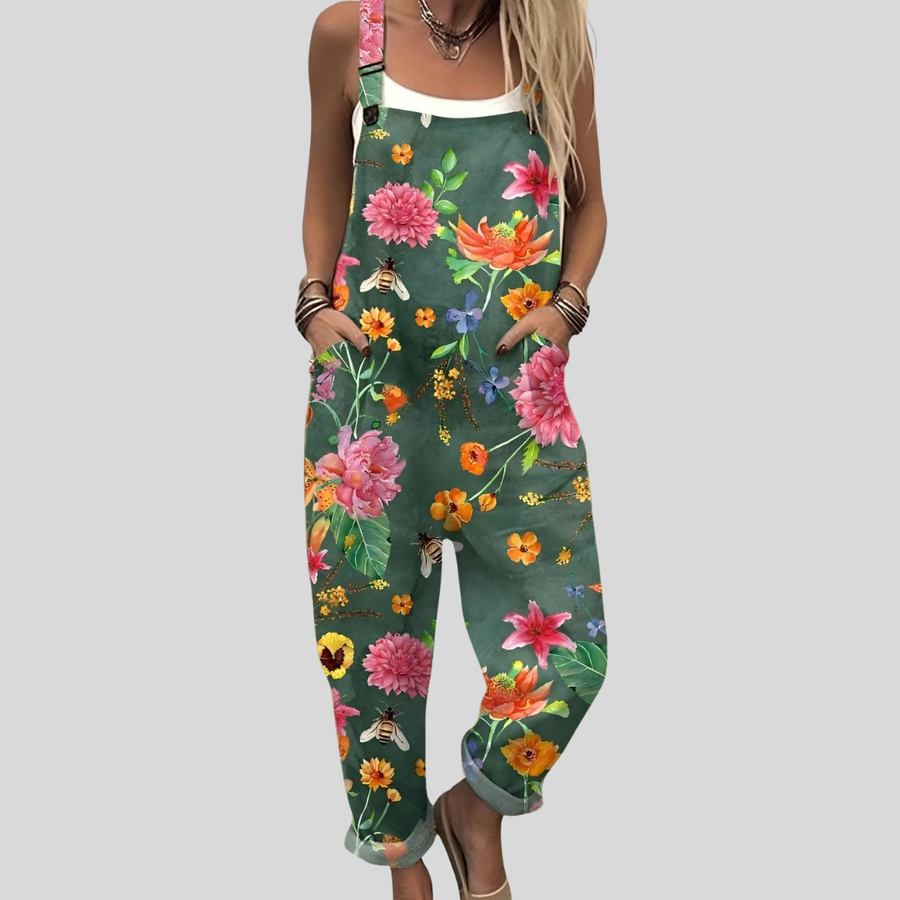 Women's dungarees with a floral pattern, a bib front and shoulder straps