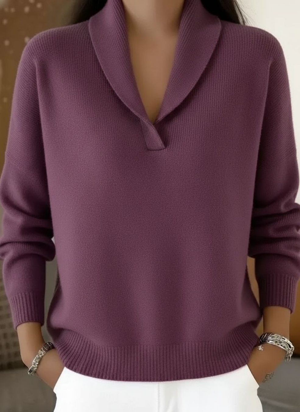 Elise shawl-collar V-neck jumper in Purple