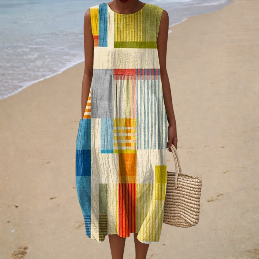 Women's midi dress with a geometric pattern, a sleeveless shape and a round neckline