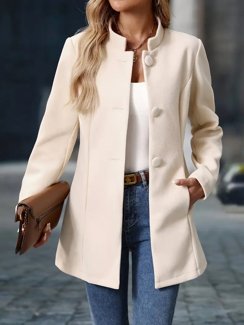 Clodagh | Mid-Length High-Neck Buttoned Winter Coat in Cream