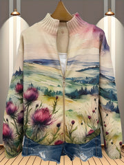 Lidia | Zip Cardigan With Scottish Thistle Landscape Print