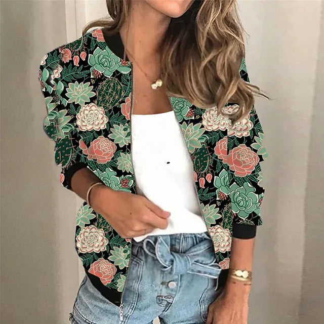 Dilys | Printed Zip-Front Lightweight Jacket in Green